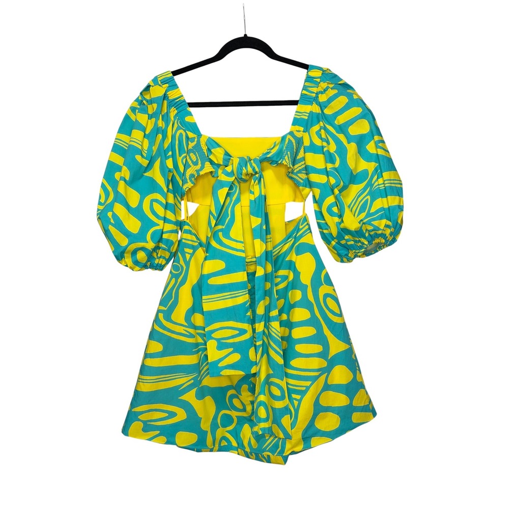 Alexis Bodhi Turquoise Yellow Print Puff Sleeve Cutout Mini Dress Open Back M - Picture 6 of 9
